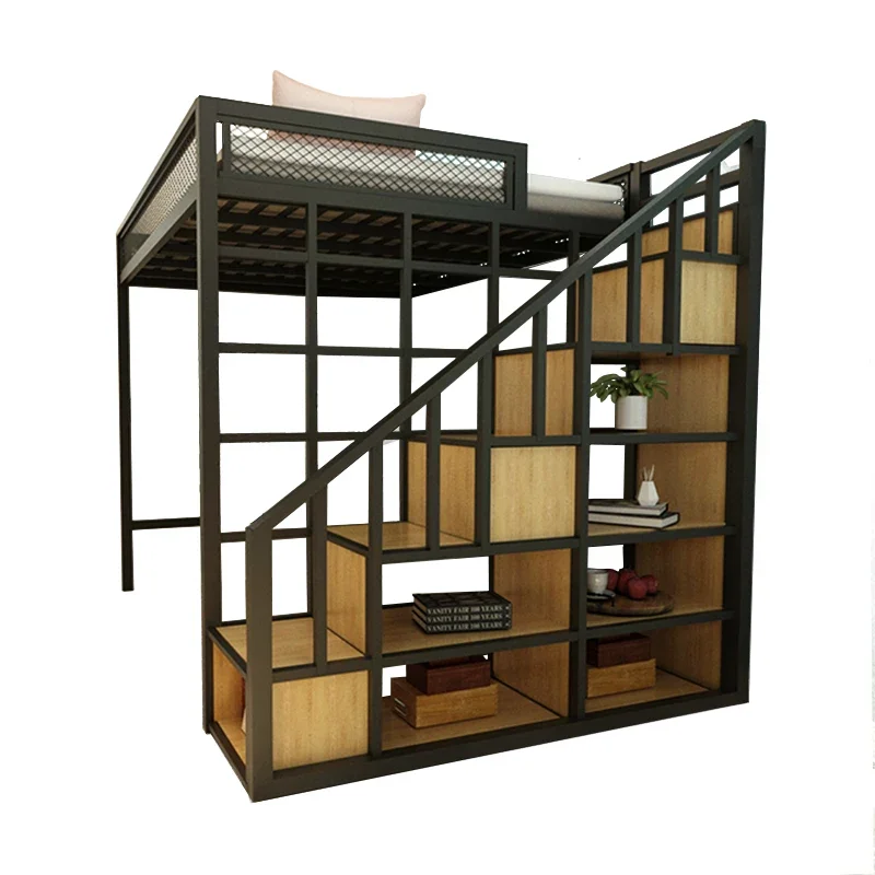 

Small unit iron art elevated bed, multifunctional ladder cabinet, duplex second floor, energy-saving loft bed