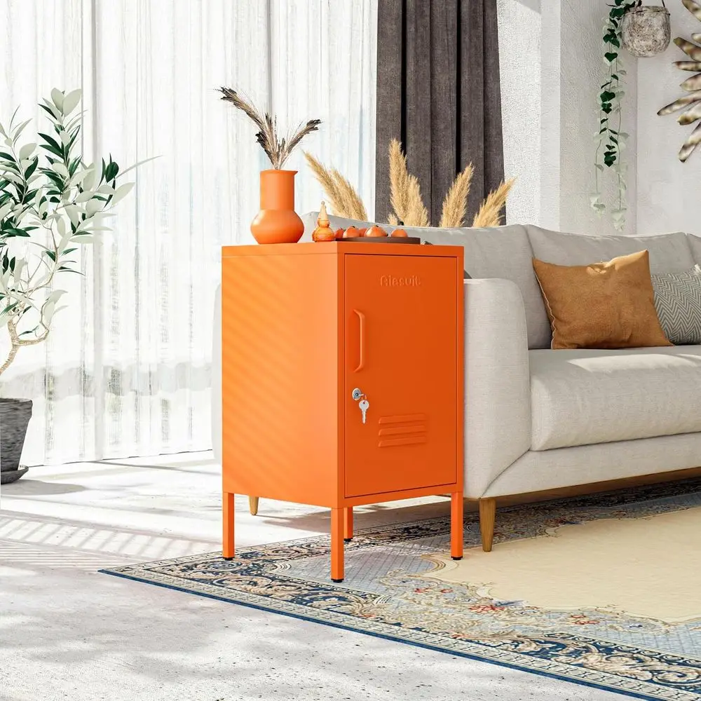 Single Door Lockable Metal End Table with Storage Cabinet, 2-Tier Children's Nightstand with Adjustable Shel, Easy Assembly Side view 5