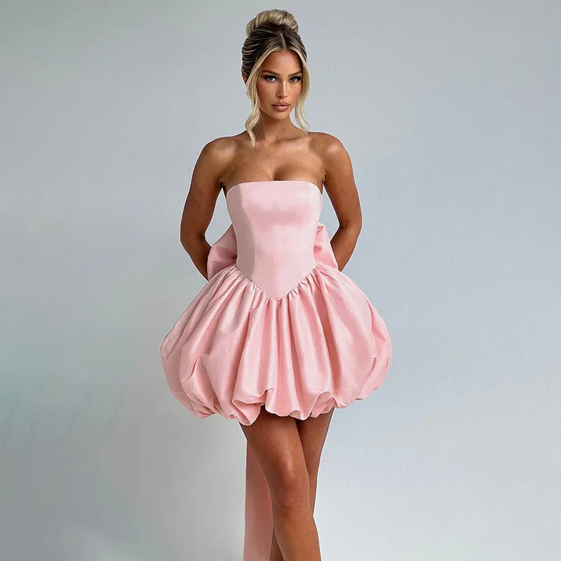 Trägerloses Satin-Kleid mit Großer Schleife, Rückenfreies Kurzrock-Kleid für Hochzeit, Party, Dinner, Sexy Trägerloses Abendkleid für Damen – Detail 7