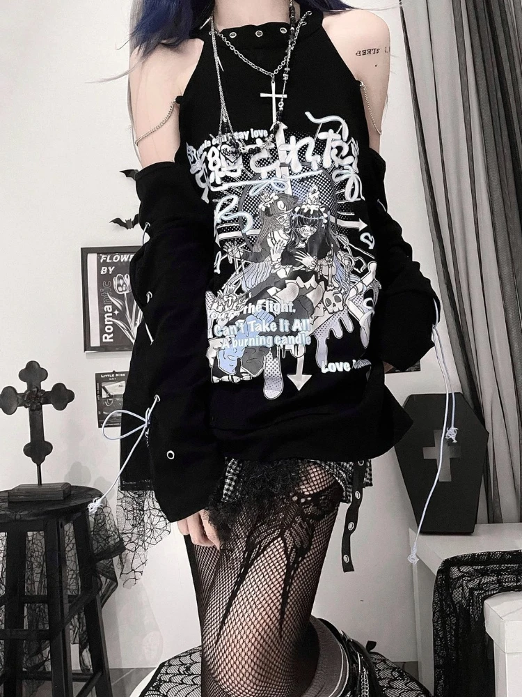 Y2k Aesthetic T-shirt Women Gothic Off Shoulder Long Sleeve Cartoon Print Graphic T Shirts Japanese Harajuku Grunge Tee