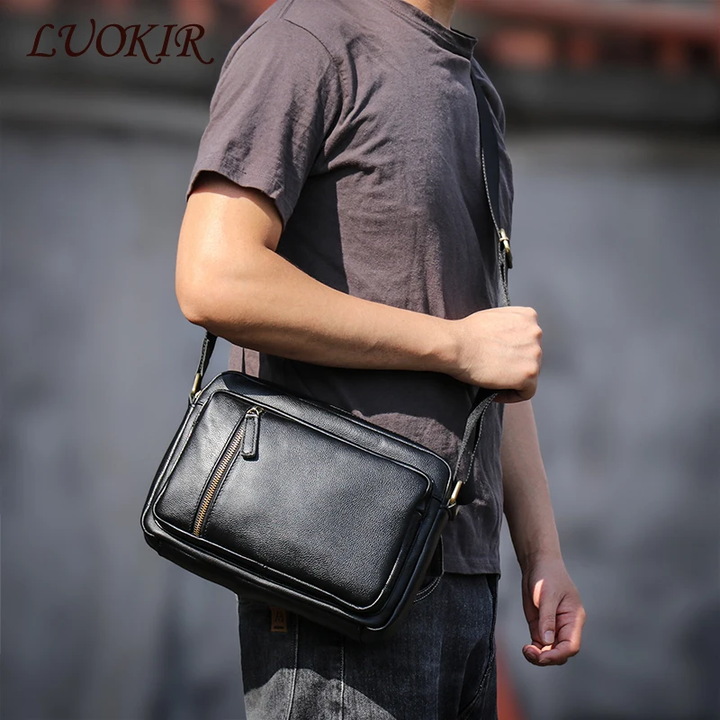 LUOKIR Men\'s Genuine Leather Crossbody Bag Casual Fashion First Layer Cowhide Zipper Shoulder Messenger Bags For 8 Inch Ipad