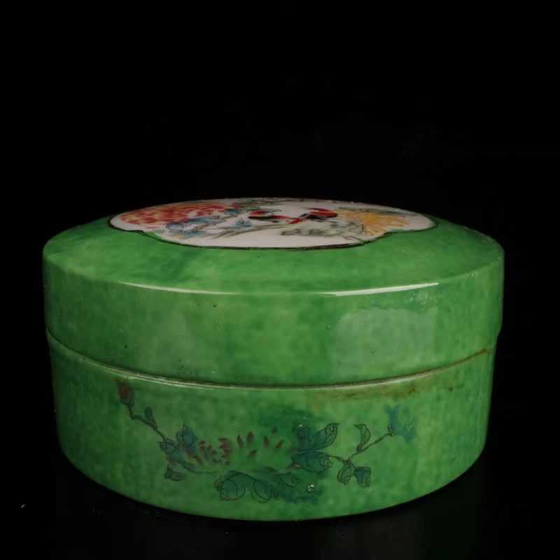 Collection of Chinese antique home decoration green sand red flower bird fairy crane porcelain printing clay box powder box