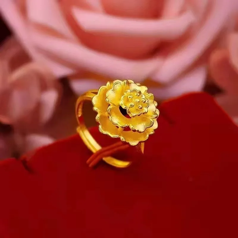 

Women's 24K Gold (AU999) Blooming Splendor Ring | Gilt 3D flower with micro-diamond petals, matte chiseled brocade
