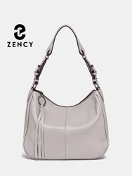 Zency New Black Beige Genuine Leather Hobo Bag Women Simple Classic Casual Handbag Shoulder Tote Soft Crossbody Big Pockets