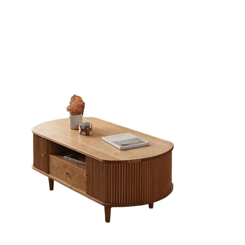 

Nordic all-solid wood coffee table small apartment modern simple log tea table cherry wood storage cabinet
