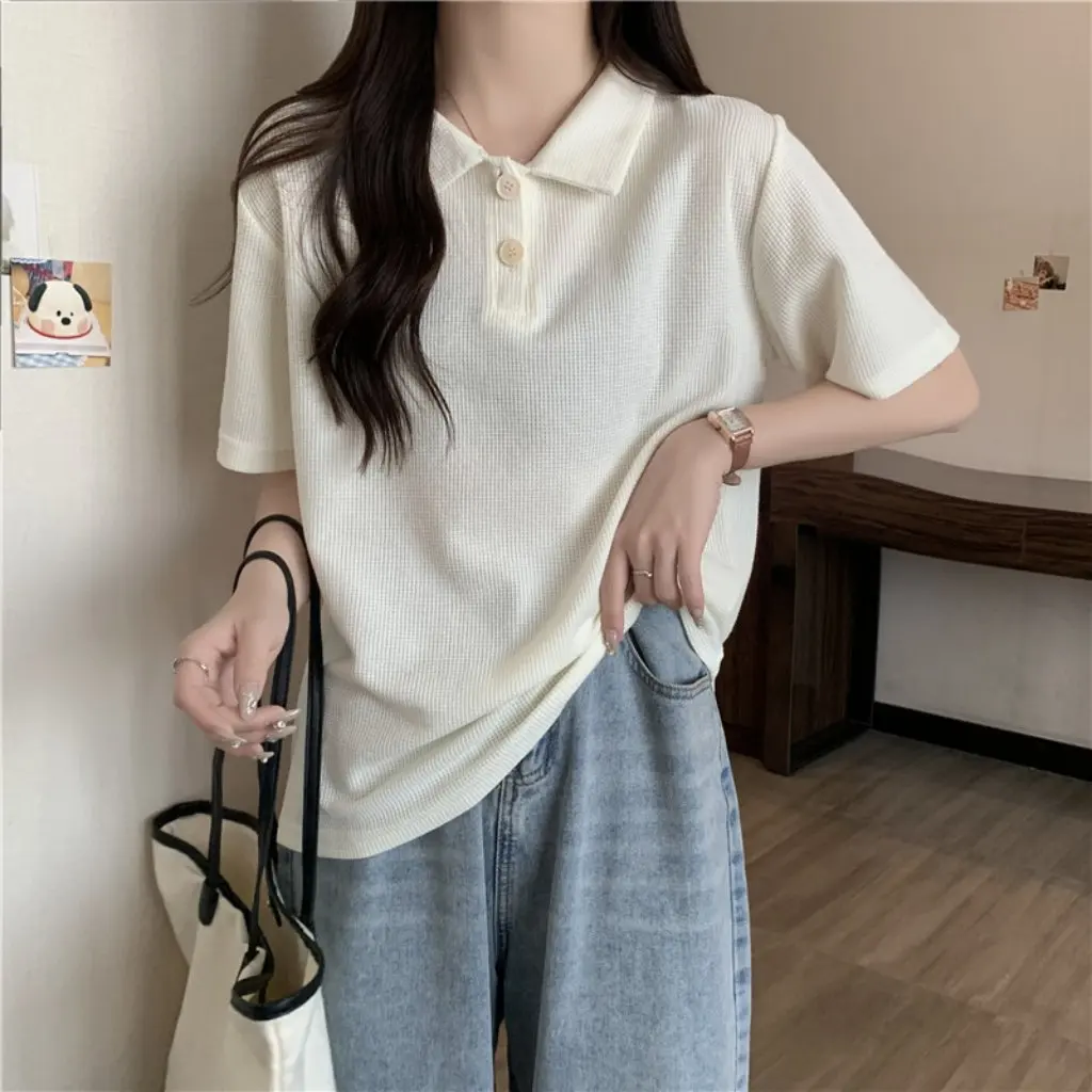 

Women's Slim Fit Cotton Polo Collar T-shirt Short-Sleeved Loose All-Match Summer Top for Students