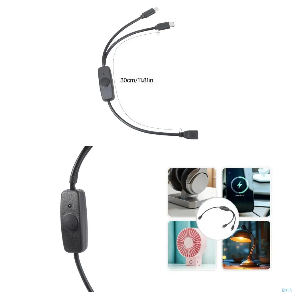 R91A 3A Charging Cord USB 5Pin to Type C Extension Cable 1 to 2 Built In Switching Button for Phones and Small Gadgets