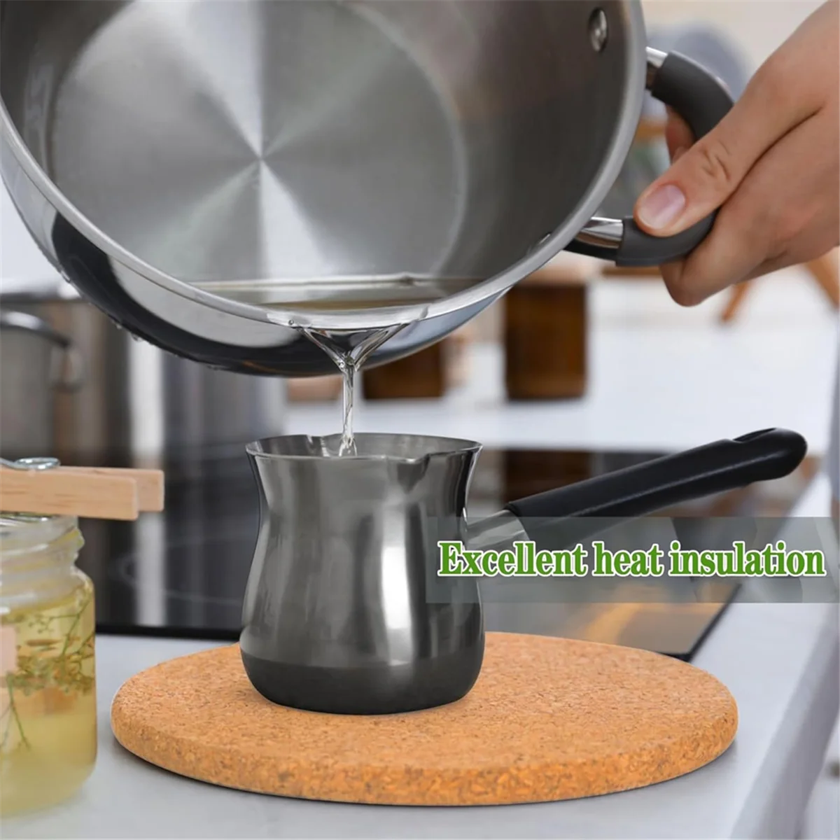 코르크 삼발이, 6팩 고밀도 두꺼운 코르크 컵 받침 세트, 뜨거운 요리용 8인치 내열성 다기능 코르크 삼발이 ST