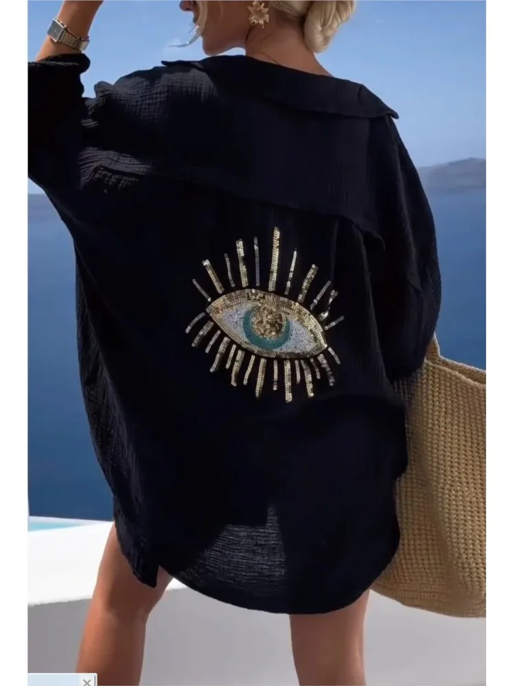 Women Casual Sequin Beaded Shirts Long Sleeve Vintage 2024 Spring Summer Fashion Turn-down Collar Button Blouse Geometric Tops