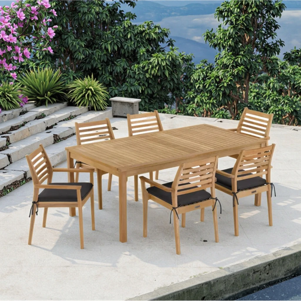 6 Seater Simple Classic Solid Wood Outside Dinner Table And Chairs Furniture Garden Teak Outdoor Dining Set