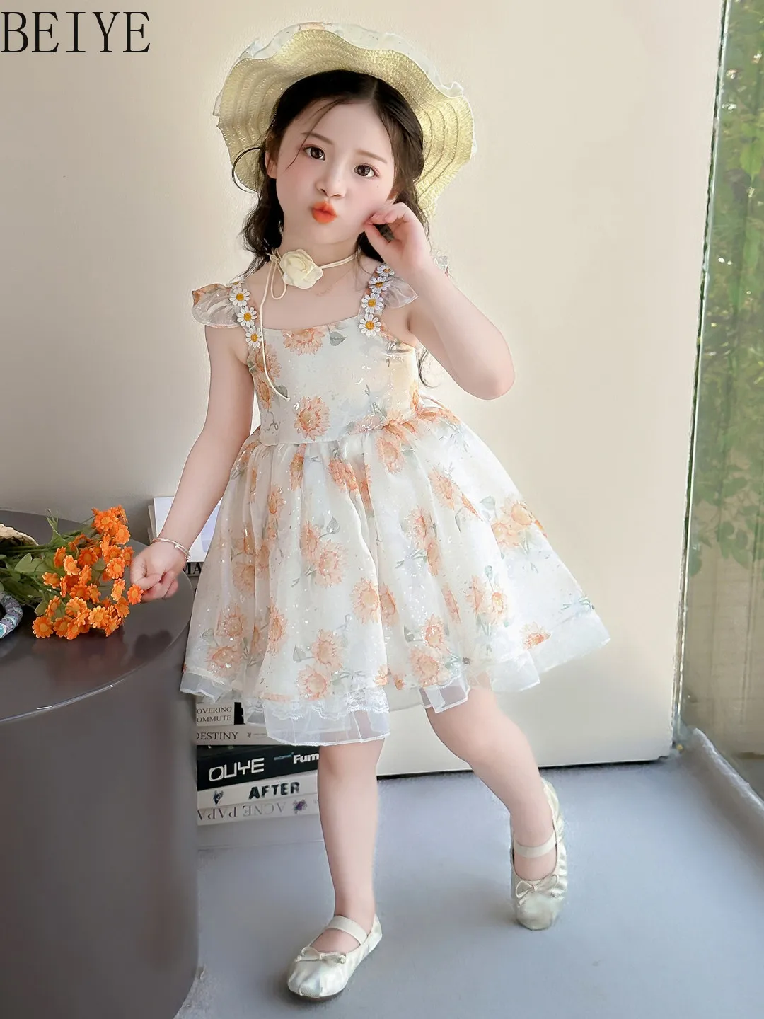 Girls' Casual Dresses Summer  Sweet & Cute Floral Princess Style Stylish Puffy Suspender Gown Birthdays Kawaii Kids Dress