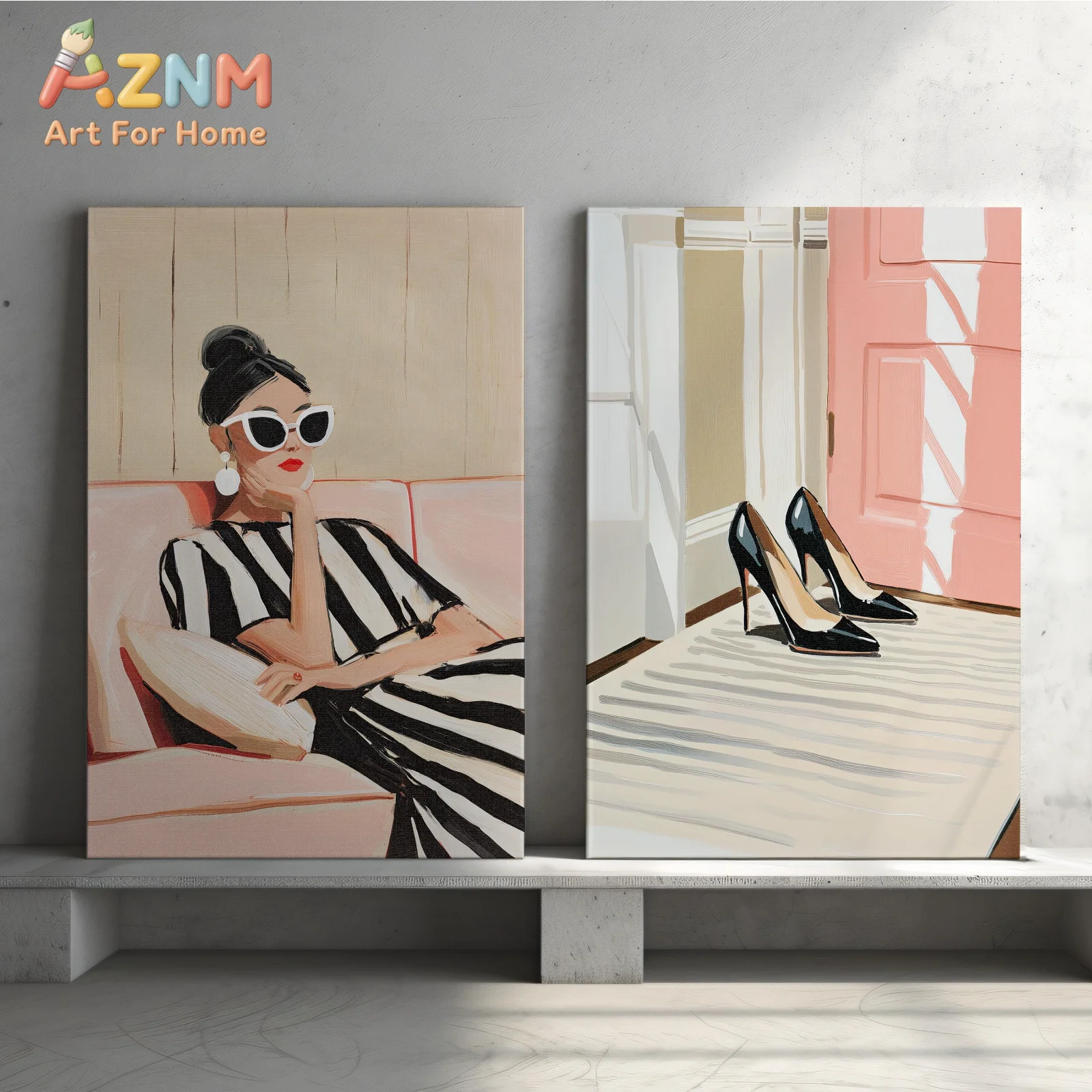 1/2Pcs Elegant Pink Striped Woman and Black Shoes Set of 2 Poster or Canvas Print, Contemporary Abstract, Mid Century Modern Art