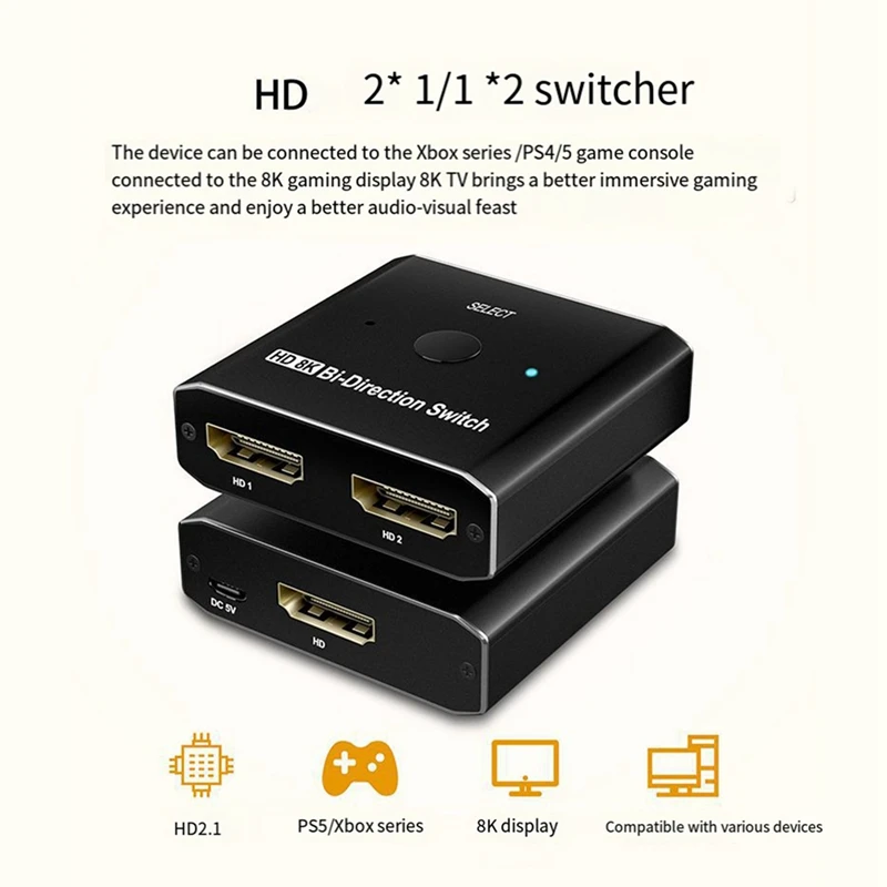 1 In 2 Out -Compatible Splitter 8K@60HZ -Compatible 2.1 Switch, For PS4/PS5,,Gaming,Classroom,Projectors