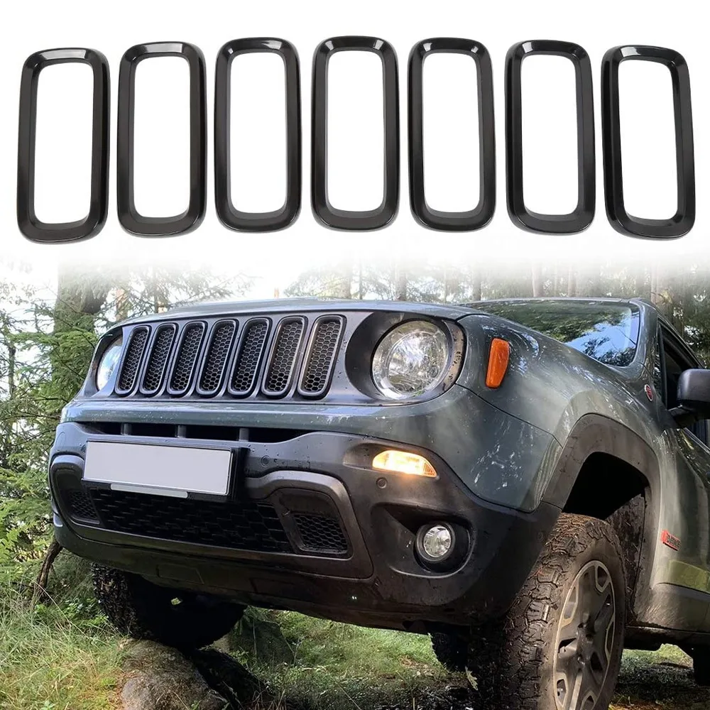 

7Pcs Bright Black Front Grille Inserts Sticky Grill Cover Frame Trims Kit For Jeep Renegade 2015-2018-A67F