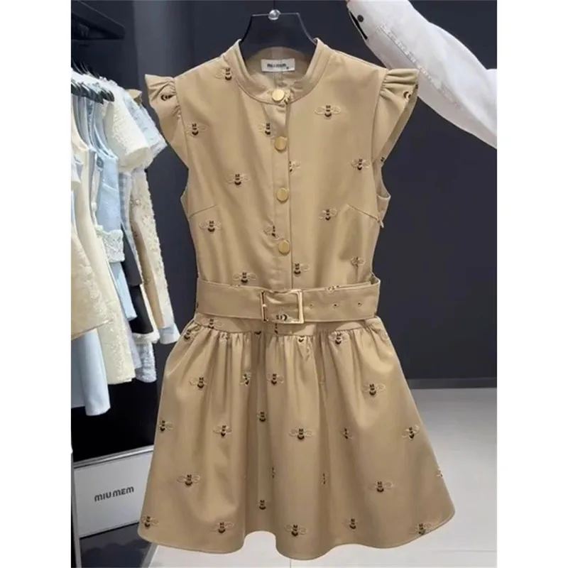 

New Design Waist-Closing Waistband Vestidos Coat Summer Vest Dresses Women 2025 Khaki Sleeveless Waistcoat Dress Tops Female