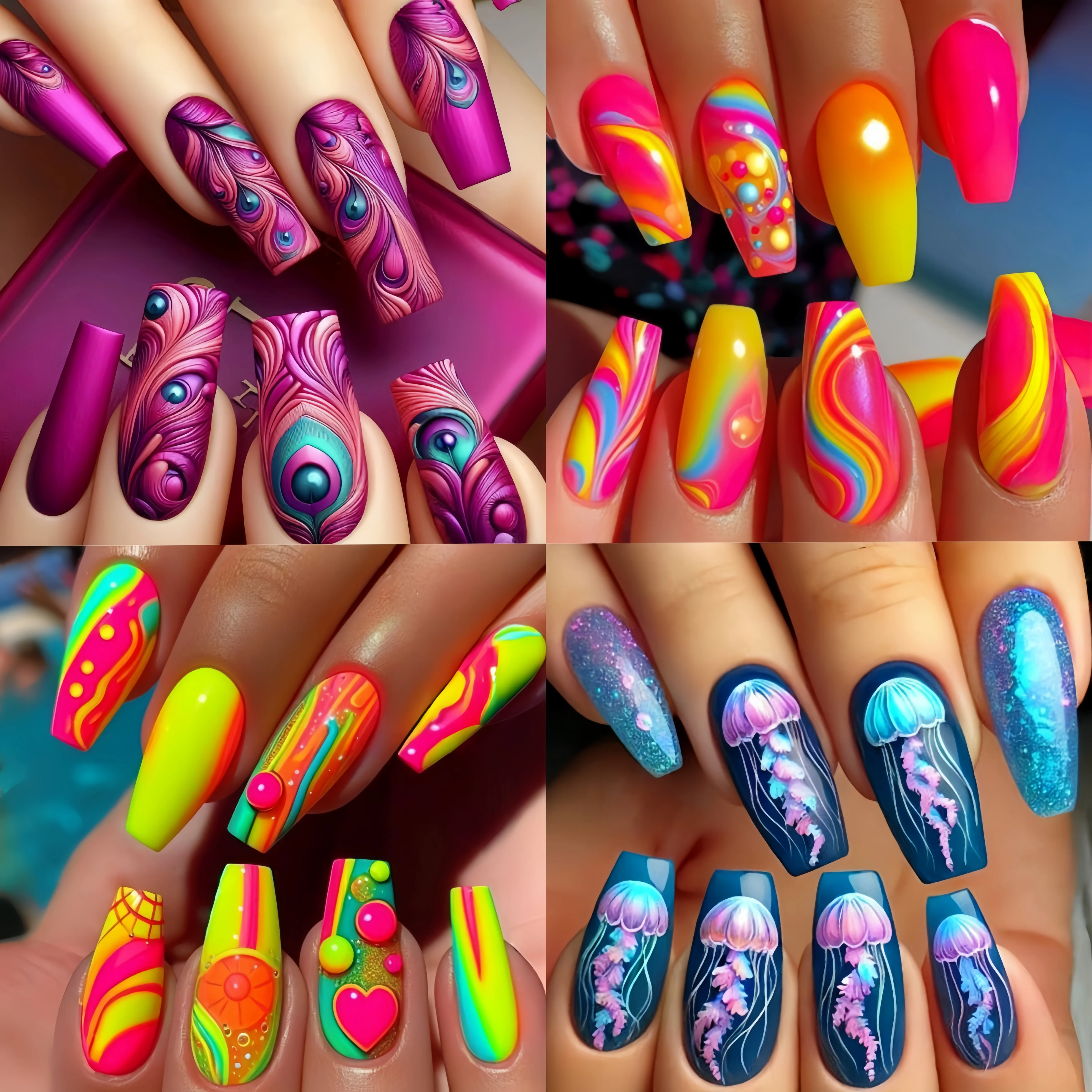 

Этот набор из 96 наклеек для ногтей с летним узором в виде полосок с цветными блоками и изображением медуз и перьев. Это съемная среднедлинная панель.