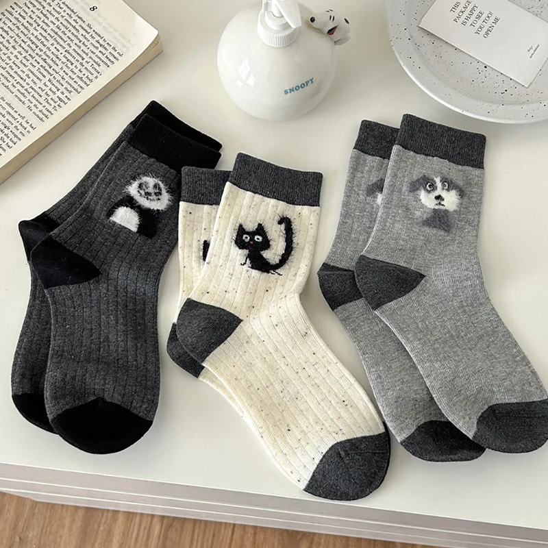 Cute Autumn Winter Socks Female Ins Fashion Japanese Niche Design Flocking Kawai Little Animals Panda Kitten Puppy Mid-tude Sock