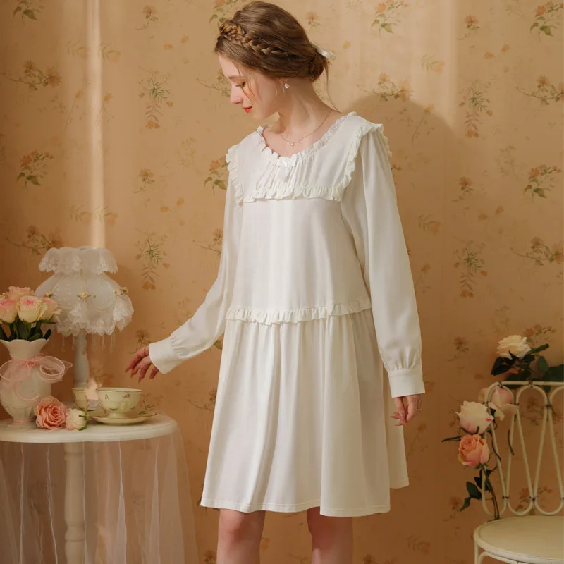 

Autumn Vintage Cotton Nightgown Women Sweet Round Neck Night Dress Fairy Full Sleeve Nightdress Princess Sleepwear Nightwear