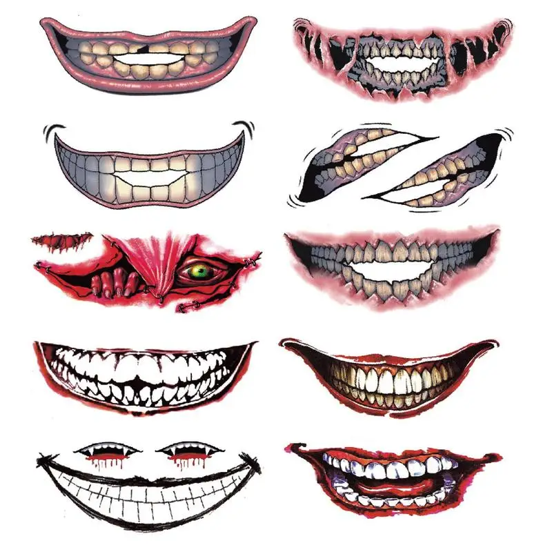 Halloween Clown Mouth Tattooss 10PCS Halloween Prank Makeup adesivi Tattooss temporanei decalcomanie per il viso Prank Props