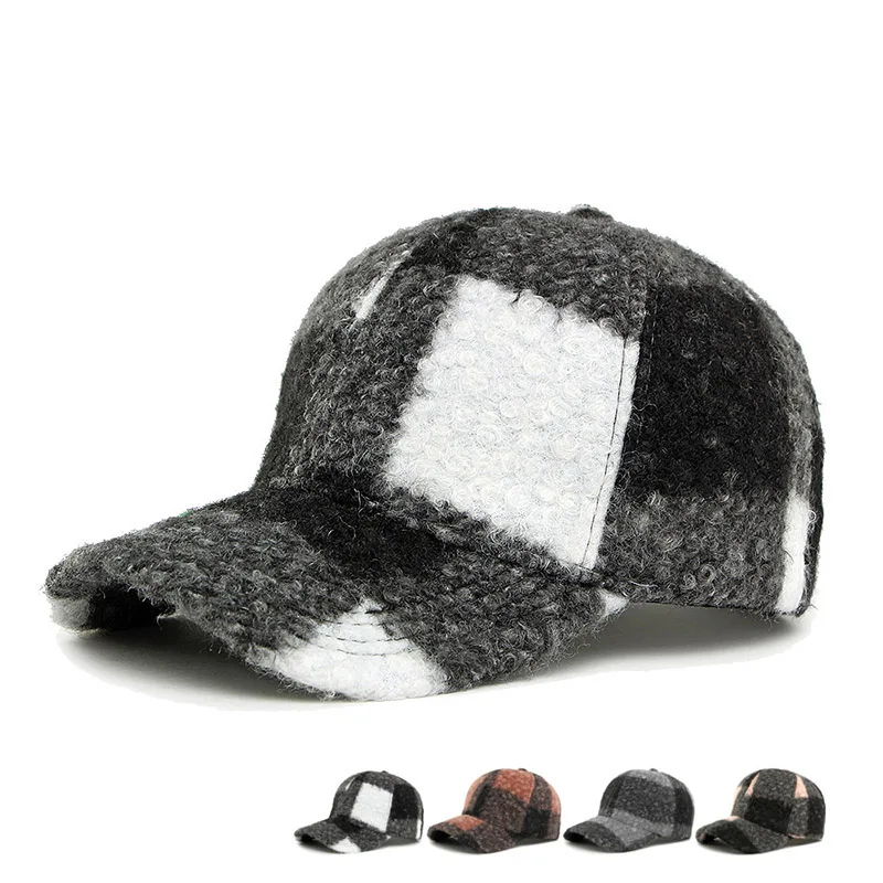 Plaid Faux Shearling Baseball Cap for Men Women Hard Top Trucker Warm Hat Flannel Lattice Peaked Cap Outdoor Sun Protection