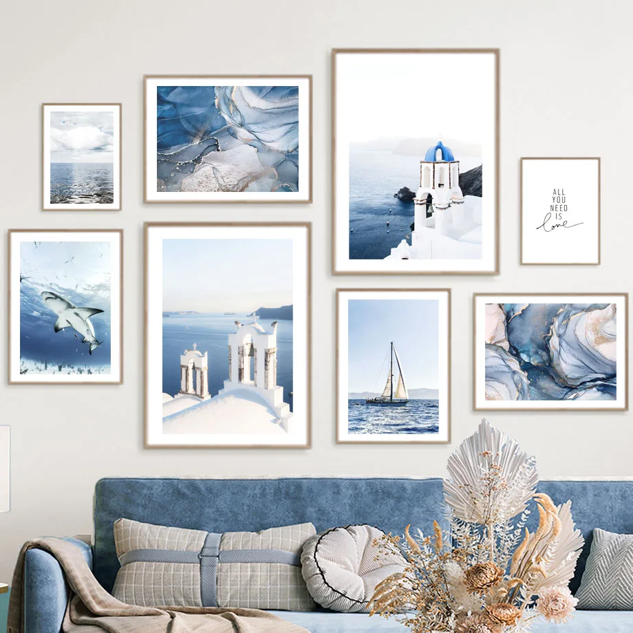 Santorini Blue Calm Ocean Sailing Boat Shark Church Wall Art Canvas Painting Nordic Posters Picture For Living Room Home Decor