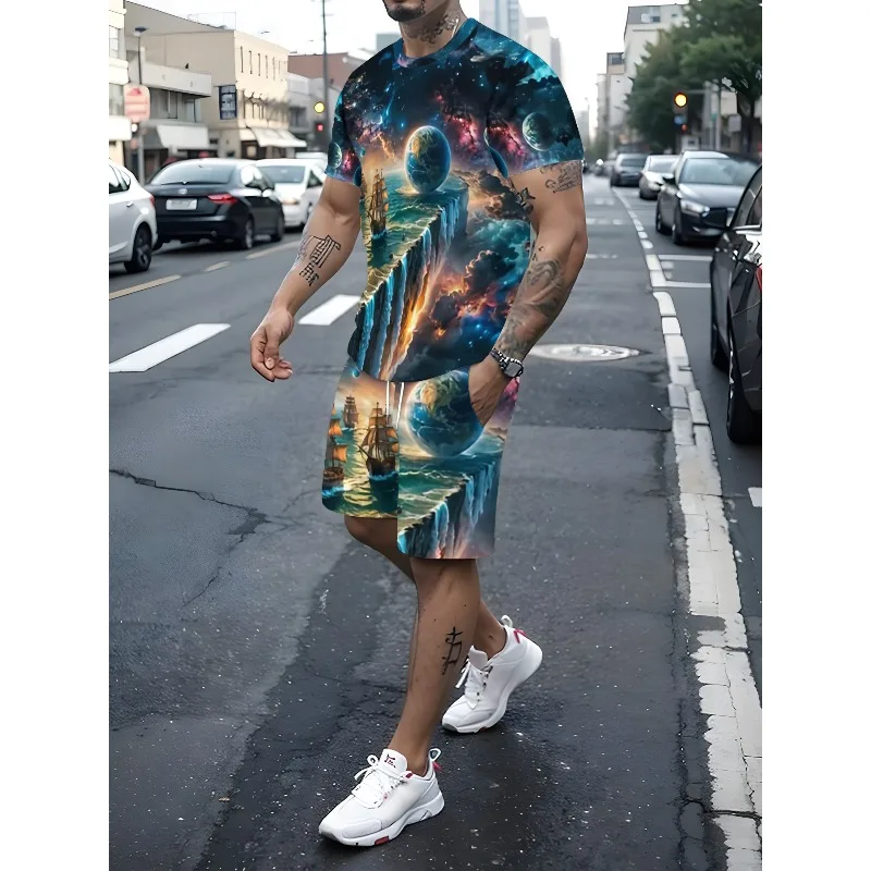 2025 Summer 3D Digital Printing Creative Casual Round Neck Short Sleeved Shorts Set Fashionable New Trend Retro Men's T-shirt