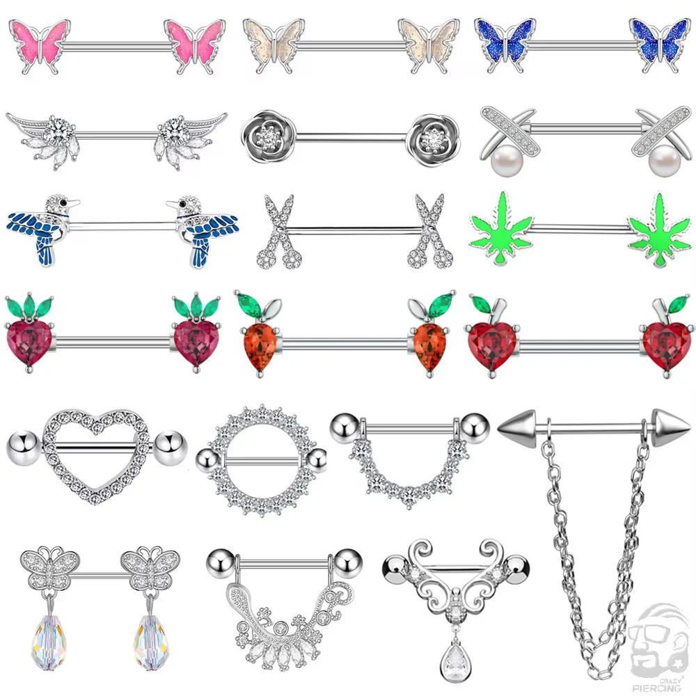 2pcs Cute Nipple Piercings Barbell Stainless Steel Crystal Nipple Shield Ring Heart Flower Nipple Rings Jewelry Body 1.6mm*16mm