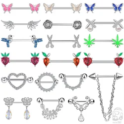 2pcs Cute Nipple Piercings Barbell Stainless Steel Crystal Nipple Shield Ring Heart Flower Nipple Rings Jewelry Body 1.6mm*16mm