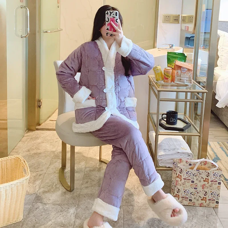 2024 Winter New Cute Style Pajamas Women's 3-Layer Cotton Padded Warm Coral Fleece 2-Piece Set Can Be Worn Outside Home Clothes