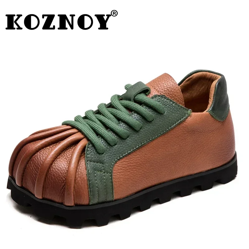 Koznoy 5cm Genuine Leather Comfy Flats Booties Women Mary Jane Loafers Ankle Boots Autumn Round Toe Spring Platform Wedge Shoes