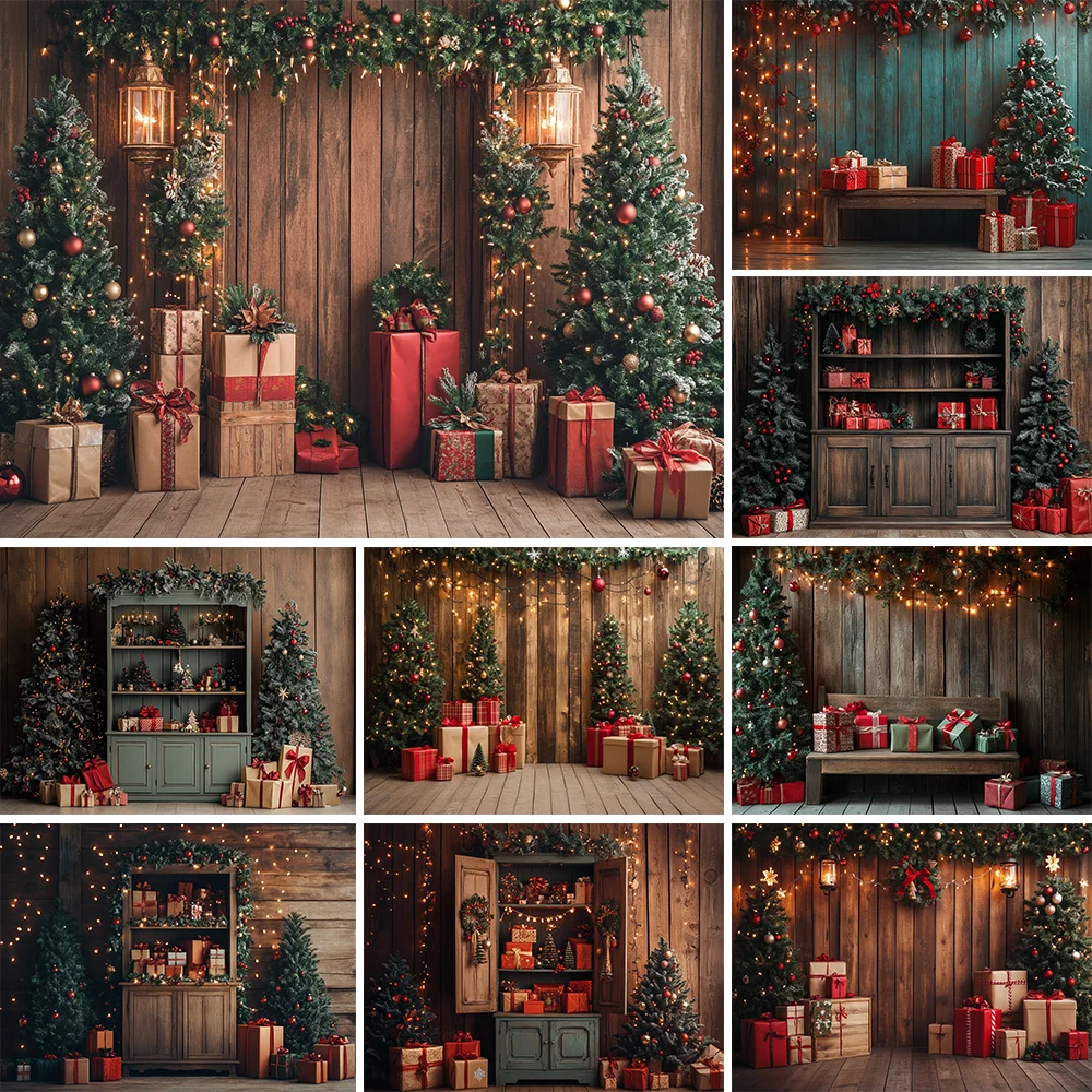 

Christmas Snowman XMAS Trees Photography Background Rustic Wooden Wall Twinkling Lights Gifts Decor Children Portraits Backdrops