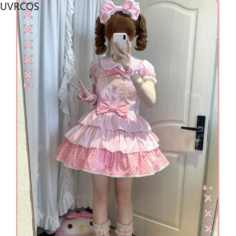 اليابانية Kawaii لوليتا نمط فستان مجموعة المرأة الحلو بيتر بان طوق نفخة الأكمام قمصان القوس حزام فساتين Y2k قطعتين مجموعات 2025 #4