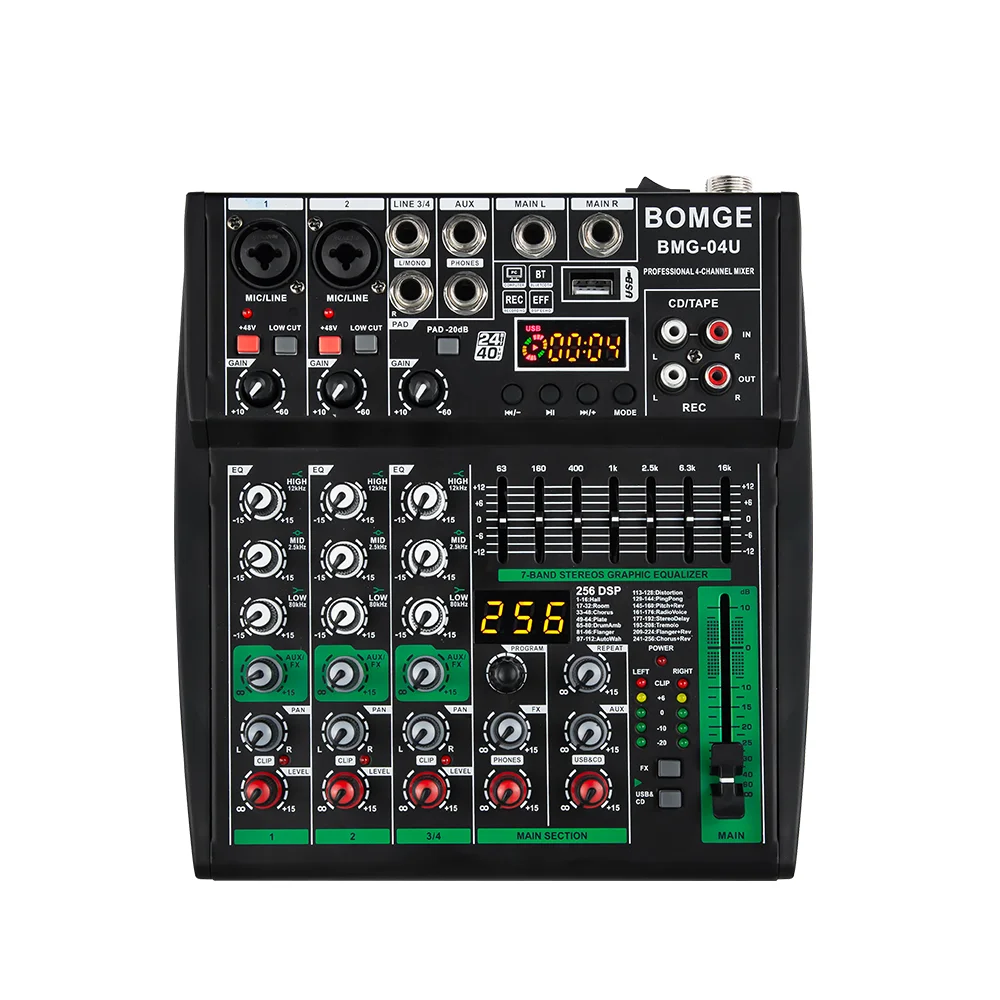 BOMGE New Model of Compact Mixer, 256 DSP, with 7 Band EQ Master EQ, Full Metal Chassis Design, Can Work with 4, 6, 8 Channel.