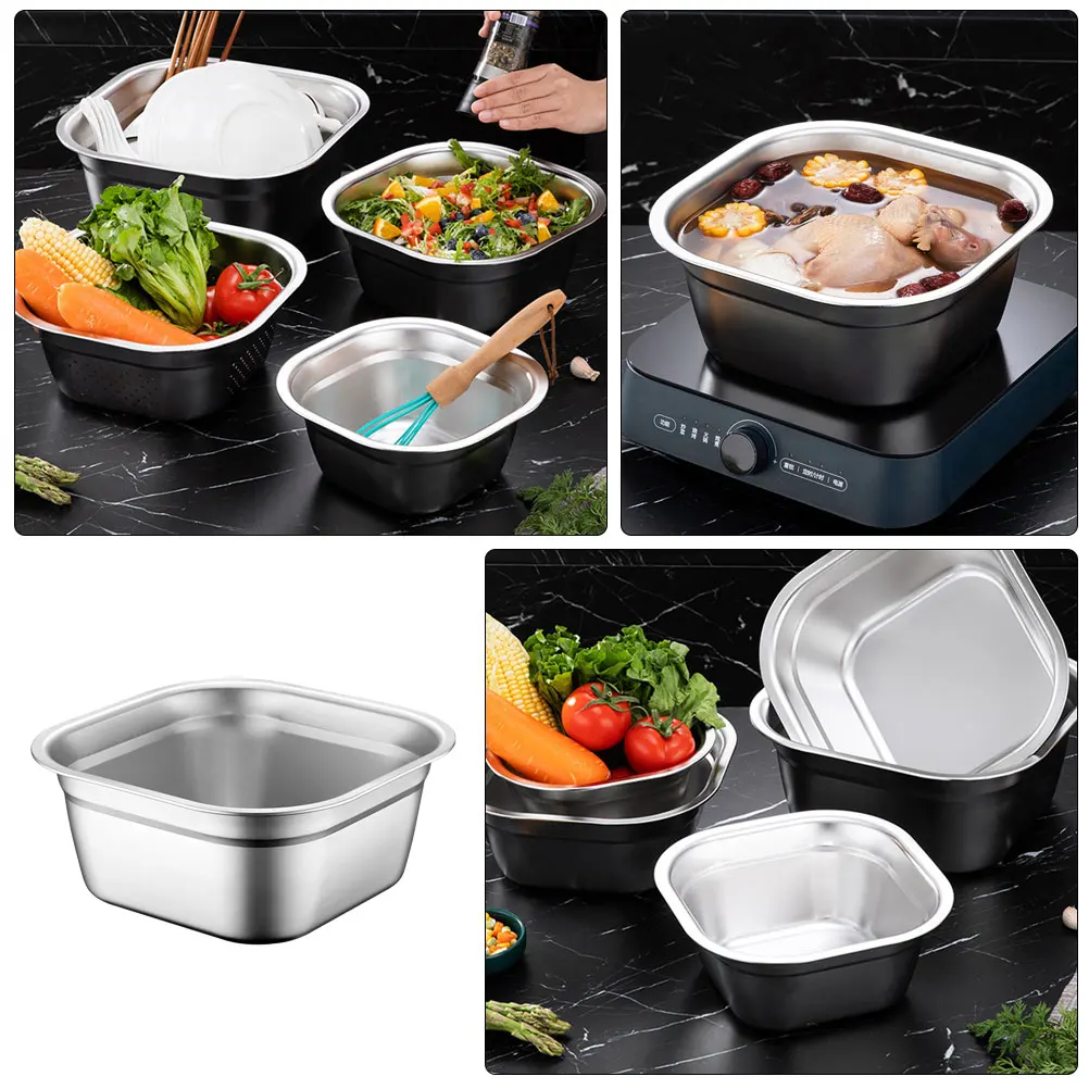 

Stainless Steel Square Basin Small Washing up Bowl Soup Vegetable Multifunctional Kitchen Bowls Food Rack