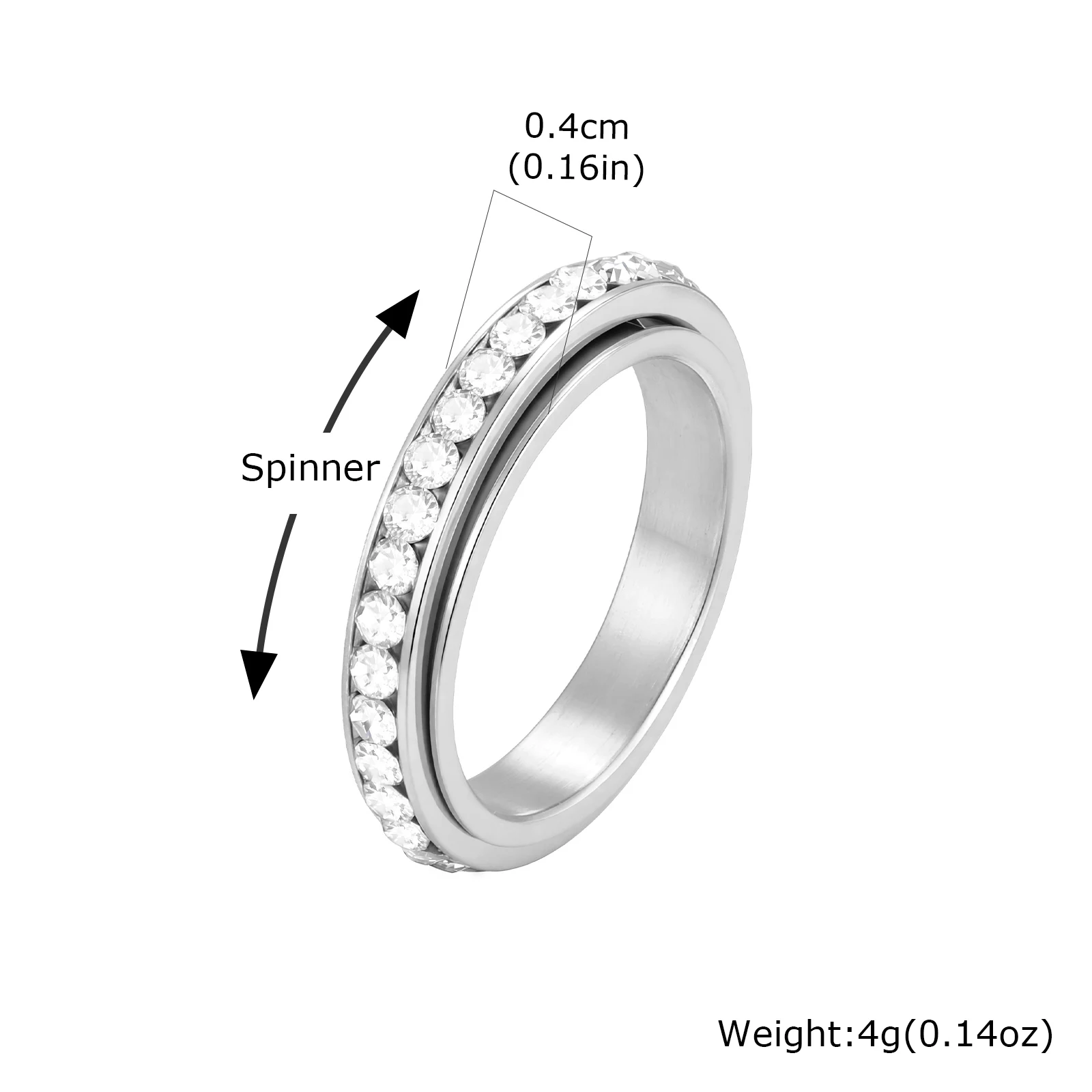 4mm Spinner Zirkoon Fidget Ring voor mannen en vrouwen, roterende ring van roestvrij staal tegen angst, verlovingsring, jubileum cadeau