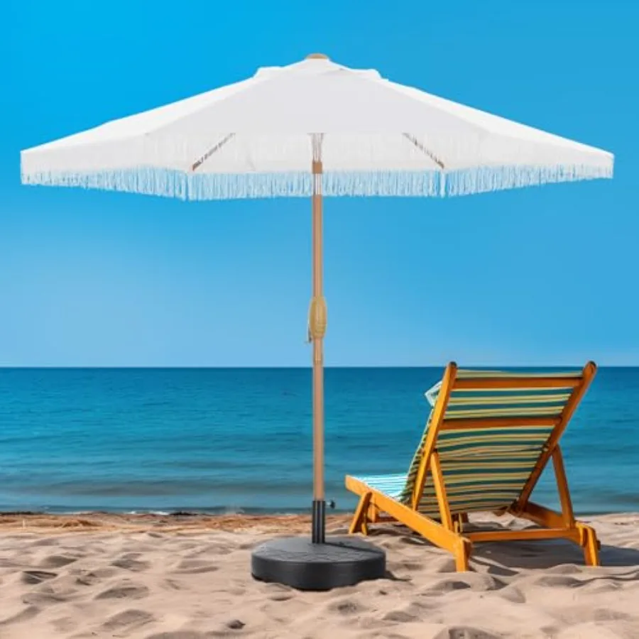 7.5 Feet Tassel Patio Umbrella for Beach Pool Yard Decor Polyester Beige Fringe with Heavy Base for Wind Resistance
