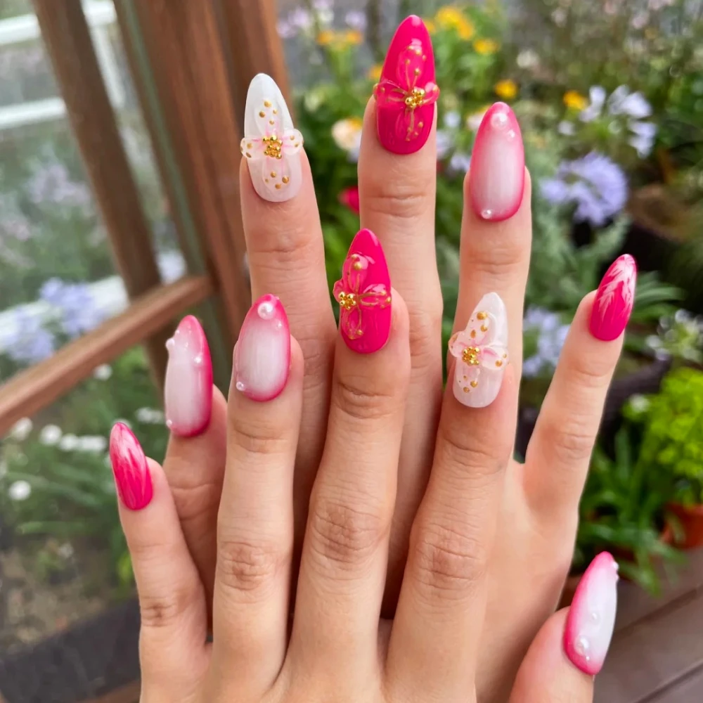 

10Pcs Handmade Manicure Medium Almond Fake Nails New Cute Ballet Limited Nails Press On Nails Design with Adhesive Nail File Set