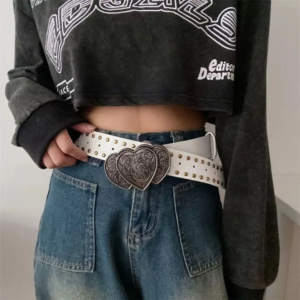 Heart Solid Gothic Punk Rivet Belts PU Leather Wide Jeans Pants Decorative Waistband Vintage Y2k
