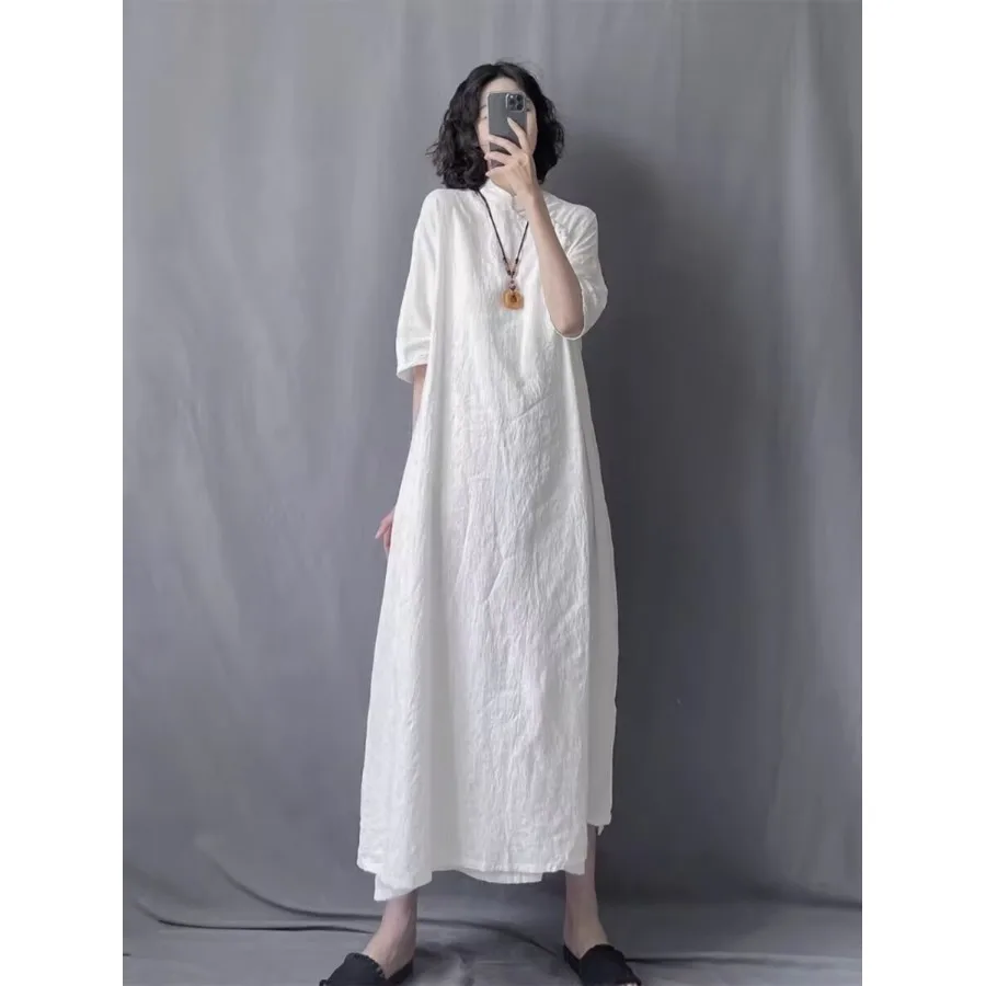 Retro Elegant Handmade Button Loose Silhouette Embroidered Cotton Linen Dress Stand Collar Improved Traditional