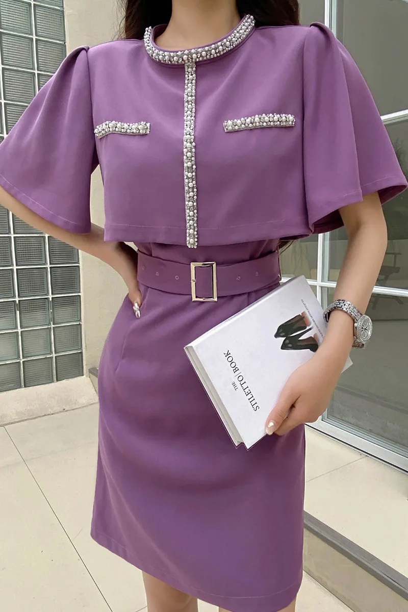 

Summer Solid Cloak Dress Women's Dress Fake Two pieces Embroidered Flares Knee-Length A-Line Skirt Y2K 2025 DABUWAWA DA1BDR032