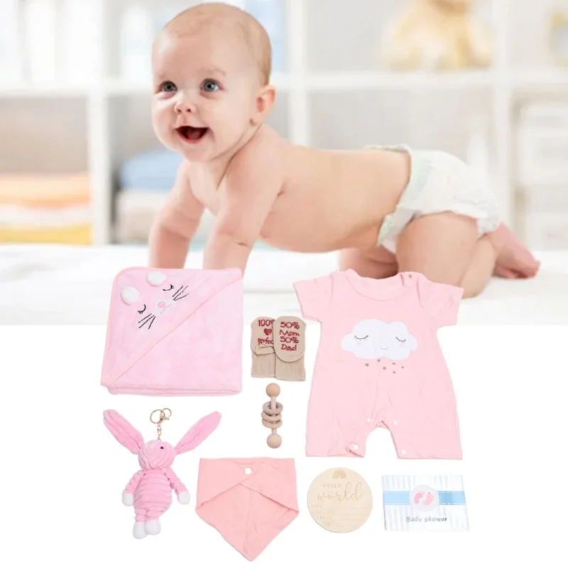 Baby Shower Gifts Basket Including Clothes Cute Doll Wooden Rattle Toy Funny Bibs Socks Greeting Card Newborn Baby Gifts Set