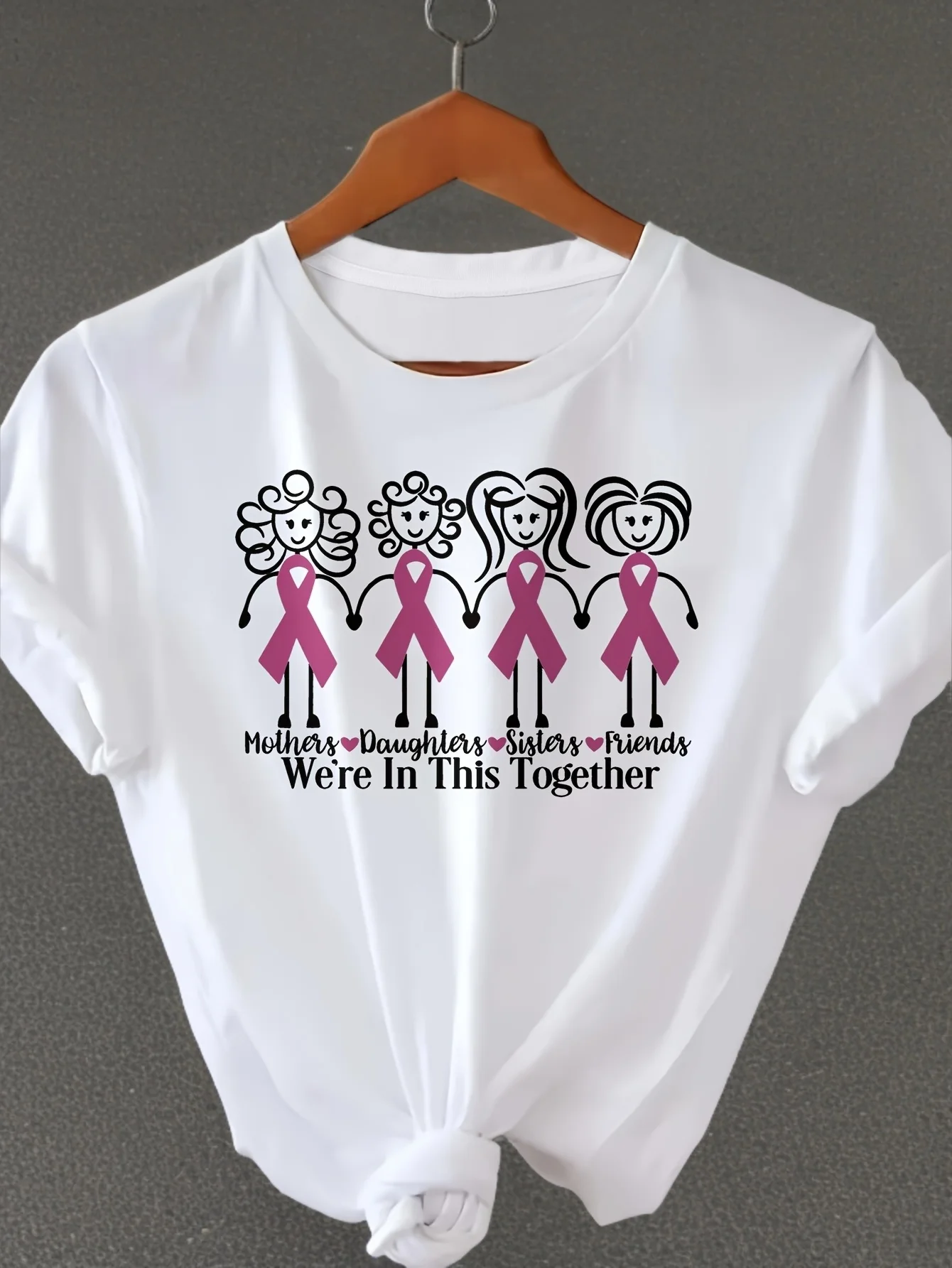 

Женская вдохновляющая футболка с информацией о раке молочной железы, повседневный стиль с круглым вырезом из смеси полиэстера, геометрический узор, обычная длина