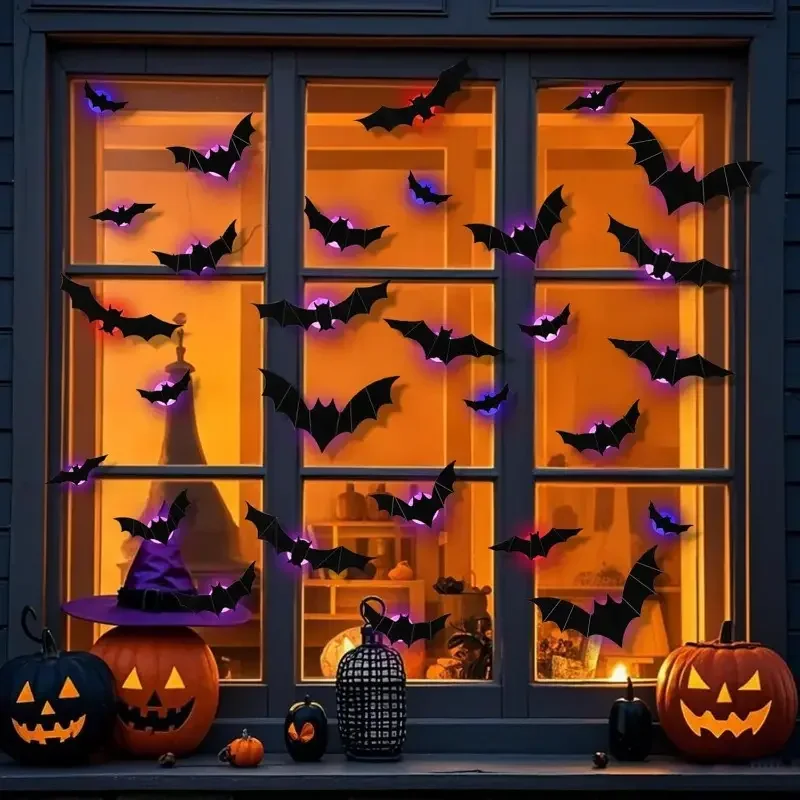 Halloween 3D Spider Bat Wall Stickers with LED Flash Lights Party Window Decoration Scary Atmosphere Home Decor