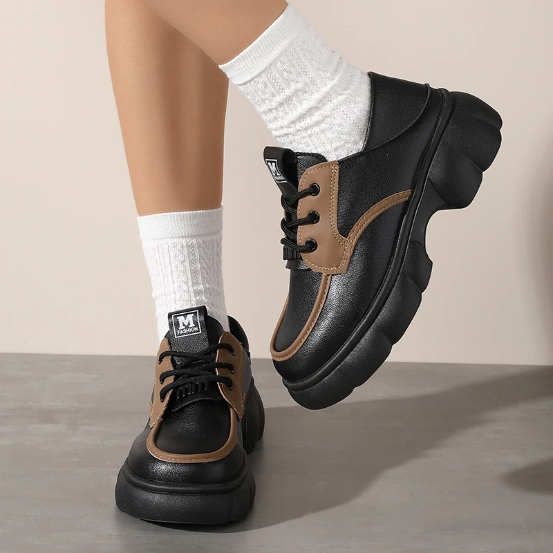 

Женские лоферы на платформе в британском стиле, весна-осень 2023, туфли Мэри Джейн на плоской подошве со шнуровкой, увеличивающие рост на массивной подошве