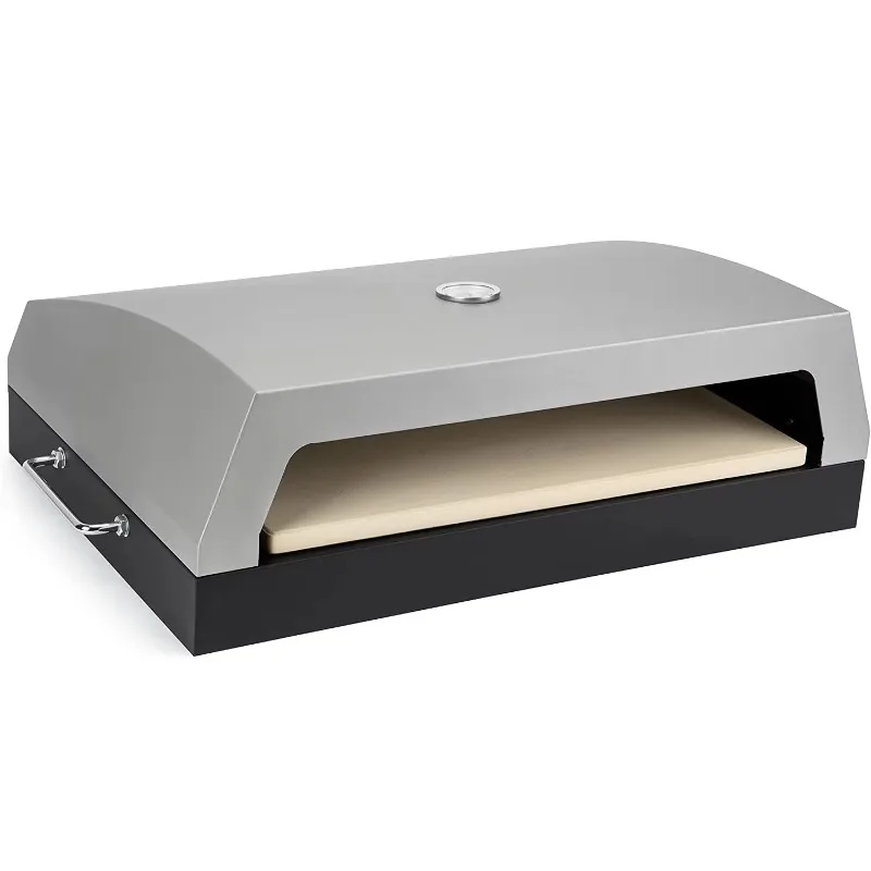 Outdoor pizza oven cover with built-in thermometer and 19 x 15 pizza stone