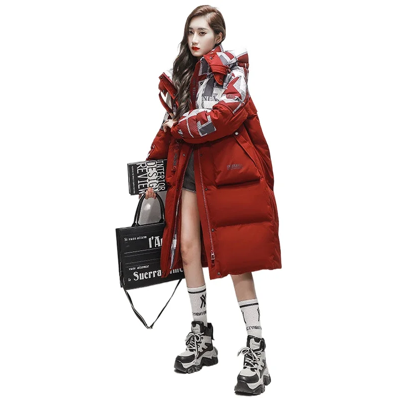 High-end na moda cor contrastante para baixo jaqueta feminina médio e longo sobre o joelho novo coreano pato branco para baixo jaqueta engrossado