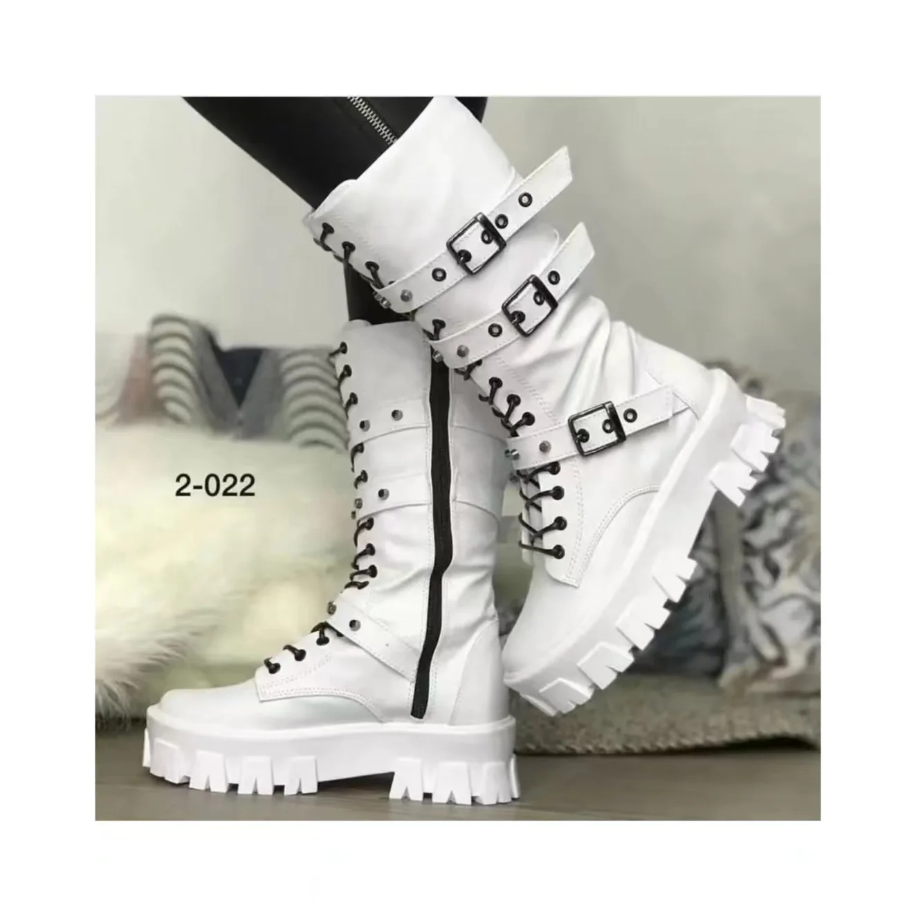 New Mid Calf Women Autumn Winter Fashion Lace-up Zipper Botas Mujer Boots Sports Platform Heel Ladies Shoes Knee High Boots