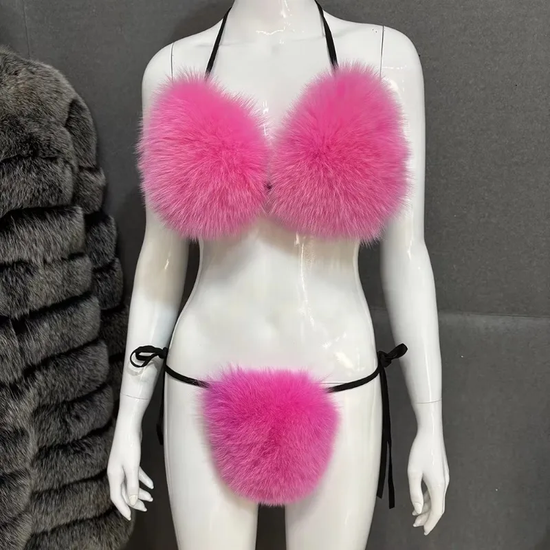 

2025 Women's Solid Natural Fox Hair Sexy Bikini Set Bra Removable