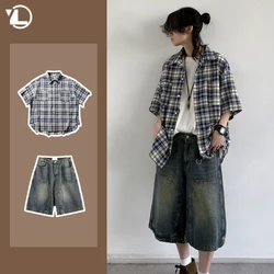 Summer Retro Men Set Checkered Fashion Short Sleeved Shirt+Big Pocket Washed Denim Shorts 2-piece High Street Trendy Unisex Suit