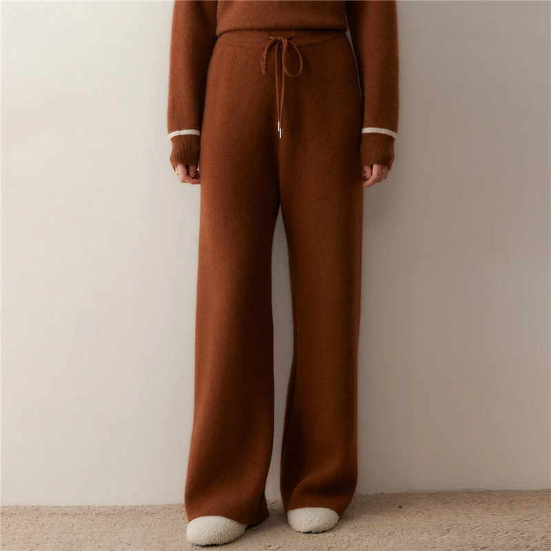 

2025 Women's 100% Cashmere Wide Leg Pants Autumn Winter Cashmere Pants Simple Style Soft Warm Comfy Elasticated Waist Trousers